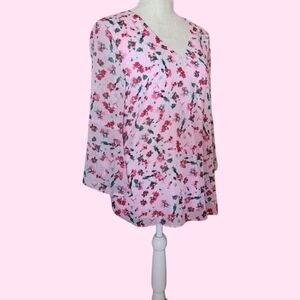 Pink Wrap Blouse with 3/4 Sleeves and Floral Design
